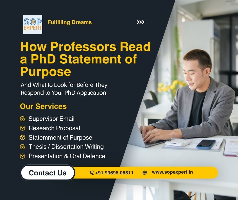 PhD Statement of Purpose guide showing what professors look for in a PhD SOP with expert support for supervisor emails, research proposals, thesis writing, presentations, and oral defense by SOP Expert.
