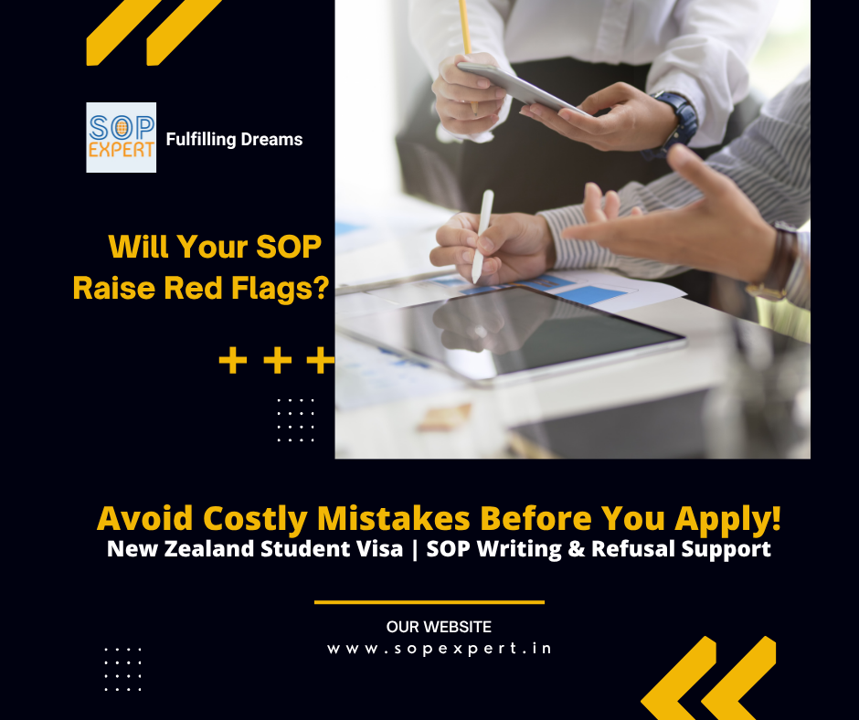 New Zealand student visa SOP red flags infographic by SOP Expert featuring common application mistakes and visa refusal support.